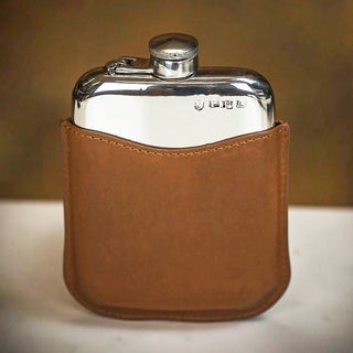 English Pewter Co Pewter Captive Top Hip Flask with Brown Leather Sleeve - 6oz